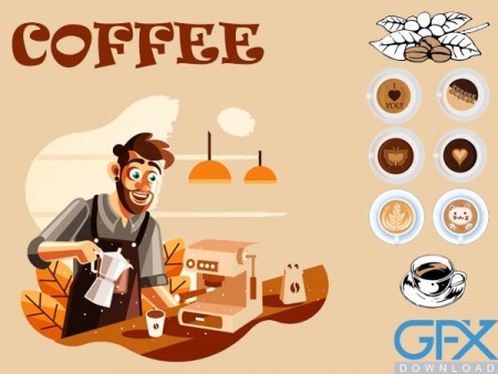 وکتور قهوه، کاپ، فنجان، دستگاه قهوه ساز و دانه قهوه  لایه باز
