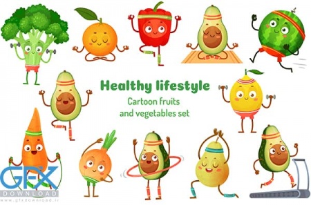 دانلود وکتور میوه و سبزیجات کارتونی ورزشی