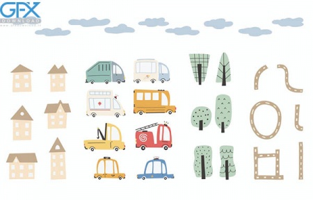 وکتور ماشین‌ های شهری کودکانه با خانه‌ ها