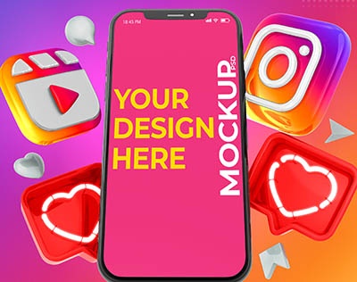 طرح لایه باز لوگوی سه بعدی و عناصر اینستاگرام