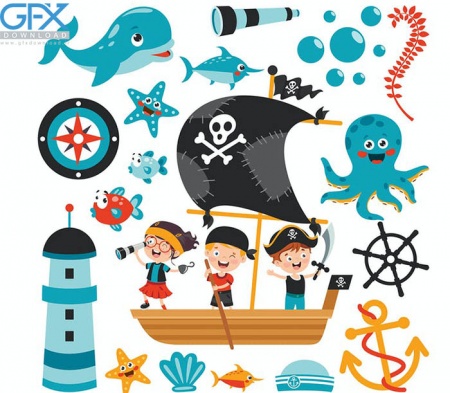 دانلود وکتور عناصر و موجودات دریایی