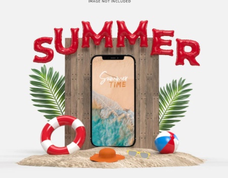 موکاپ لایه باز گوشی با تزئین ساحلی