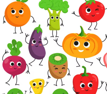 وکتور رایگان کاراکتر های میوه و غذای وگان
