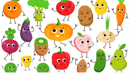 دانلود وکتور کاراکتر های میوه و غذای وگان