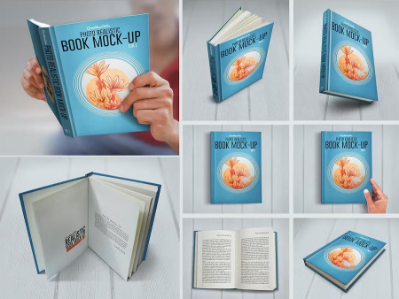 موکاپ کتاب در حالات مختلف ایستاده، باز و بسته