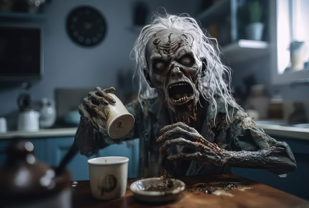عکس زامبی اسکلت در حال نوشیدن قهوه