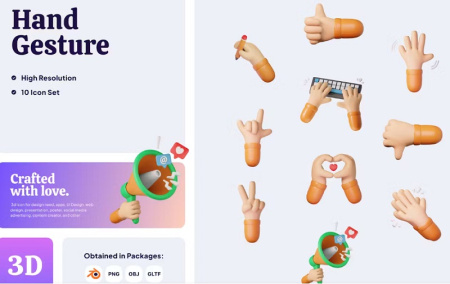 10 آیکون ژست دست سه بعدی 3D Icon Hand Gesture
