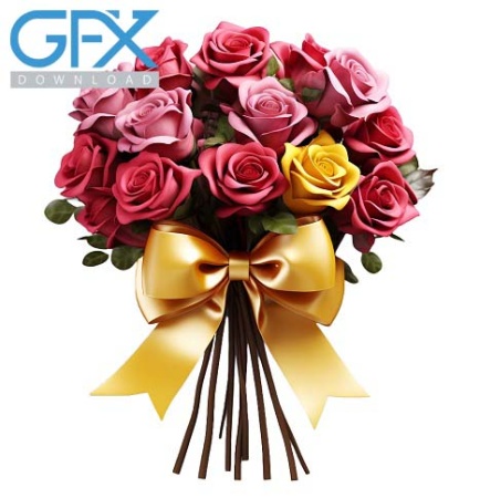 دسته گل png رز با روبان طلایی