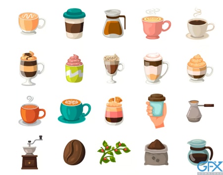 آیکون نوشیدنی های گرم بر پایه قهوه شامل کاپوچینو، لته، اسپرسو