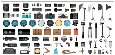 وکتور لایه باز دوربین عکاسی به همراه تجهیزات عکاسی eps و png