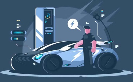 وکتور ماشین اسپرت برقی در حال شارژ شدن در ایستگاه