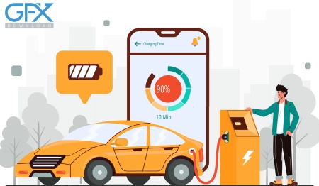 دانلود وکتور لایه باز ماشین برقی زرد در ایستگاه شارژ