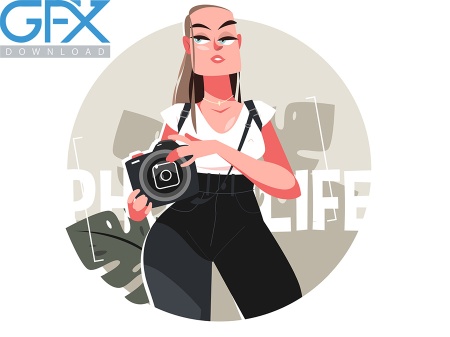 وکتور کاراکتر عکاس دختر زیبا به همراه دوربین عکاسی حرفه ای