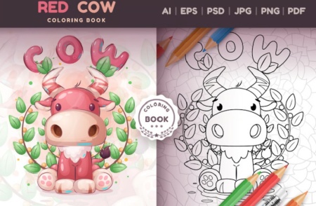 طرح خام سیاه‌ سفید گاو برای رنگ‌ آمیزی بچه‌ها