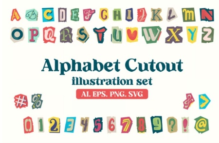 فایل لایه باز حروف الفبای انگلیسی برش خورده به سبک روزنامه‌ای