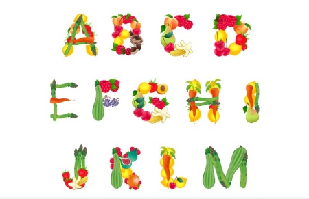 حروف انگلیسی لایه باز ساخته شده از میوه‌ها و سبزیجات رنگارنگ