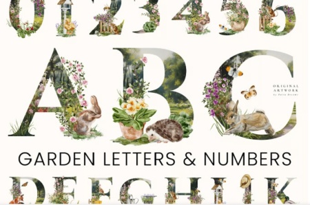 دانلود حروف انگلیسی آبرنگی به شکل باغ و مونگرام با طراحی هنری