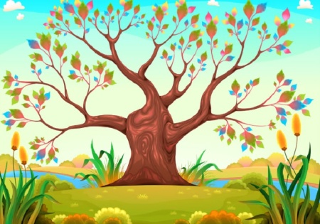 طرح وکتور درخت فانتزی با شاخه‌های هنری و رنگ‌های شاد