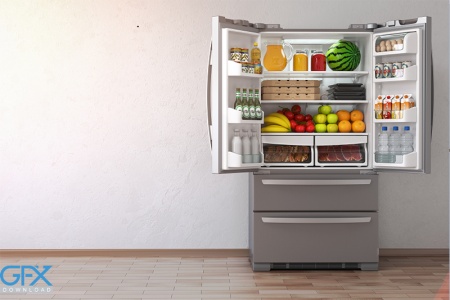 عکس یخچال پر از میوه و سبزیجات رنگارنگ