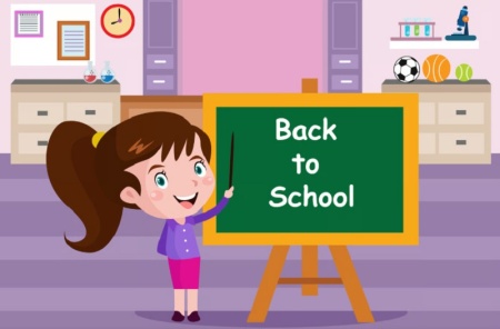 وکتور دختر بچه کارتونی با کیف مدرسه و تخته سیاه