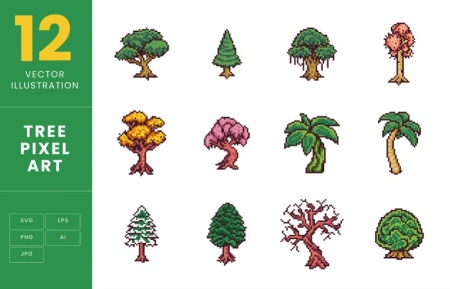 وکتور درخت فانتزی با طراحی پیکسلی