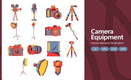 وکتور تجهیزات و دوربین عکاسی روی پایه مناسب طراحی تبلیغاتی